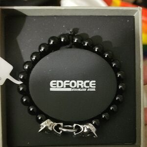 Black Beaded Men's Bracelet with Stainless Steel Real Onyx